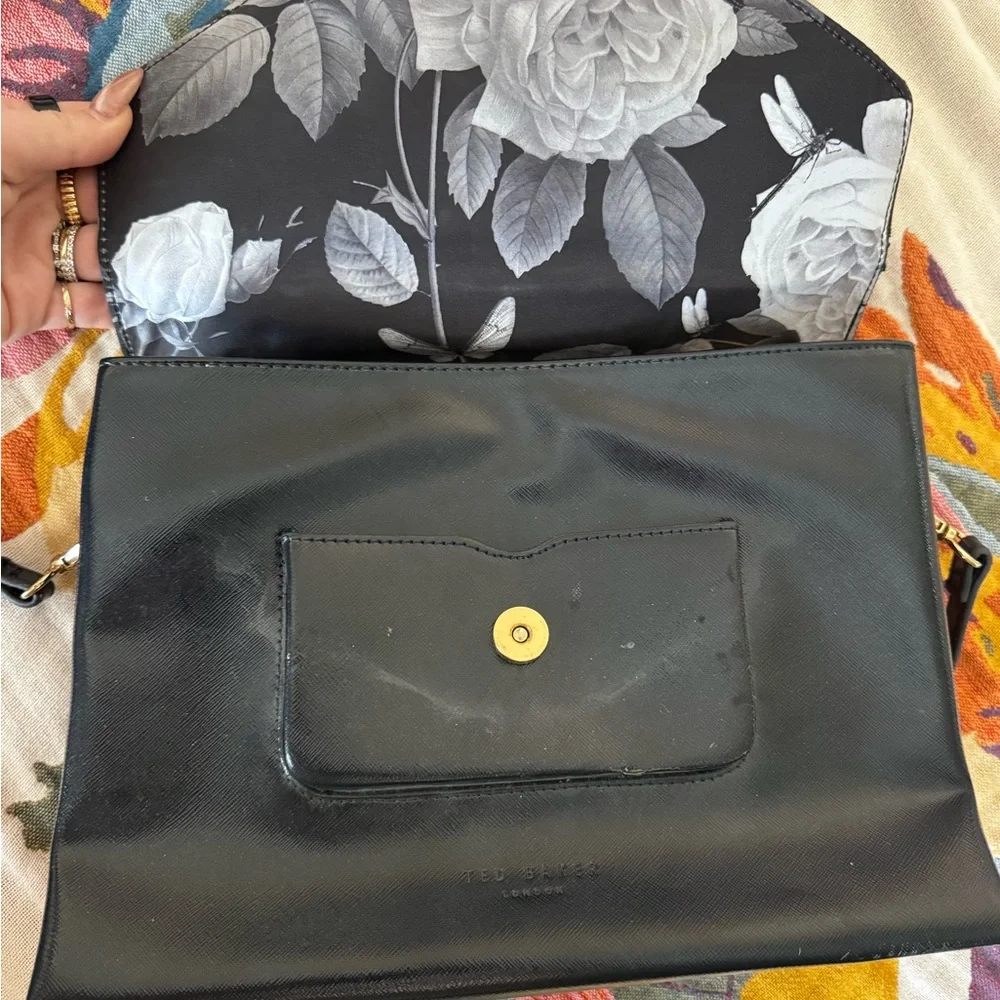 Ted Baker London Black Saffiano Envelope Satchel Crossbody Floral Lining